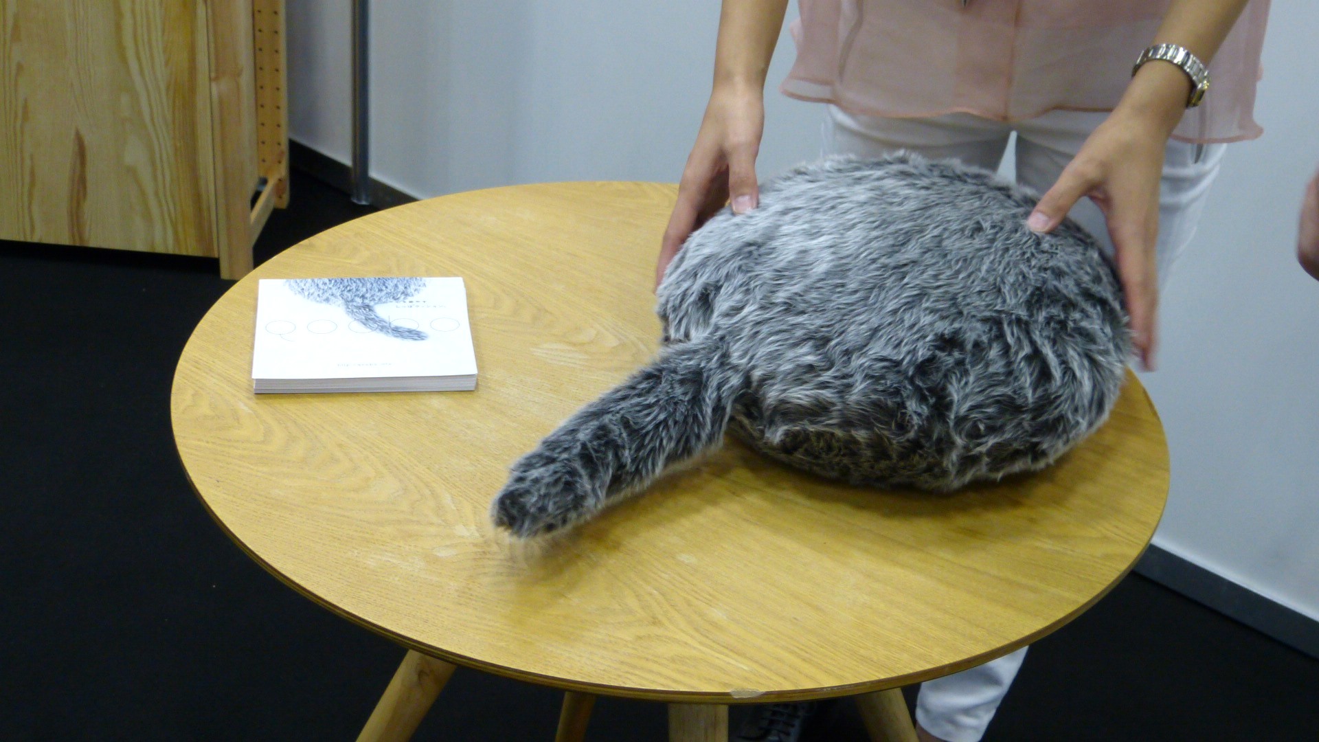 a disc covered in fur-like fabric with a tail on a table with a woman's hands grasping it alongside a pamphlet that reads Qoobo